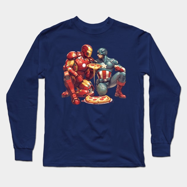 IRONMAN & CAP EATING PIZZA Long Sleeve T-Shirt by Drank